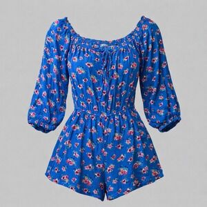 🔥🔥🔥Mi Ami Blue Floral Romper Smocked Waist Off Shoulder 3/4 Sleeve Size L